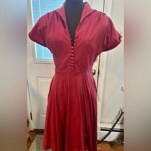Elegant stretch Red Button-Front Dress
